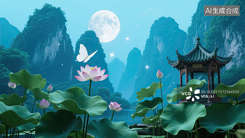 【AI数字艺术】夏日，荷花，白蝴蝶，月亮，背景图片素材