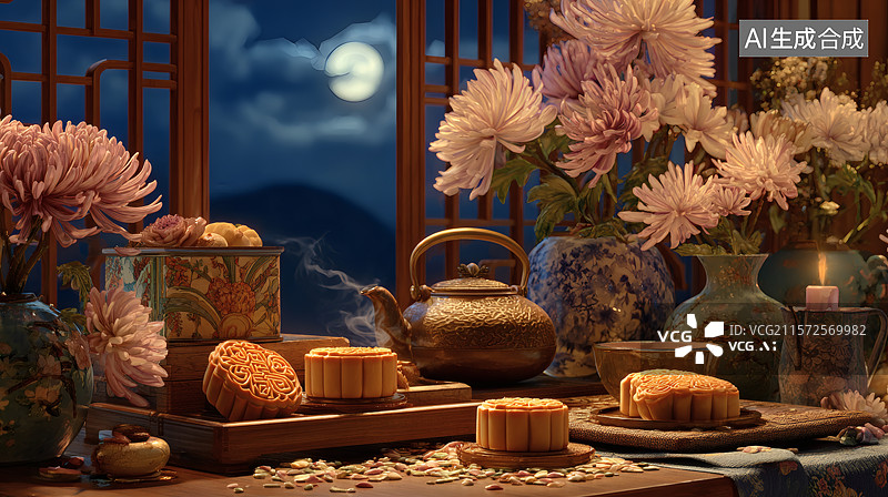 【AI数字艺术】中秋节月饼和茶图片素材