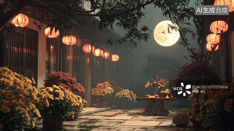 【AI数字艺术】中秋佳节的宁静庭院图片素材