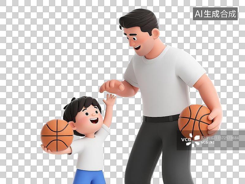 【AI数字艺术】3D渲染卡通人物，一起打篮球的父亲与孩子，父亲节，爸爸和孩子，免抠元素图片素材