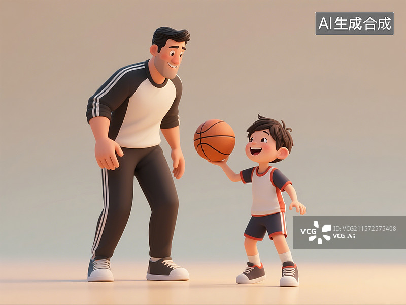 【AI数字艺术】3D渲染卡通人物，一起打篮球的父亲与孩子，父亲节，爸爸和孩子图片素材