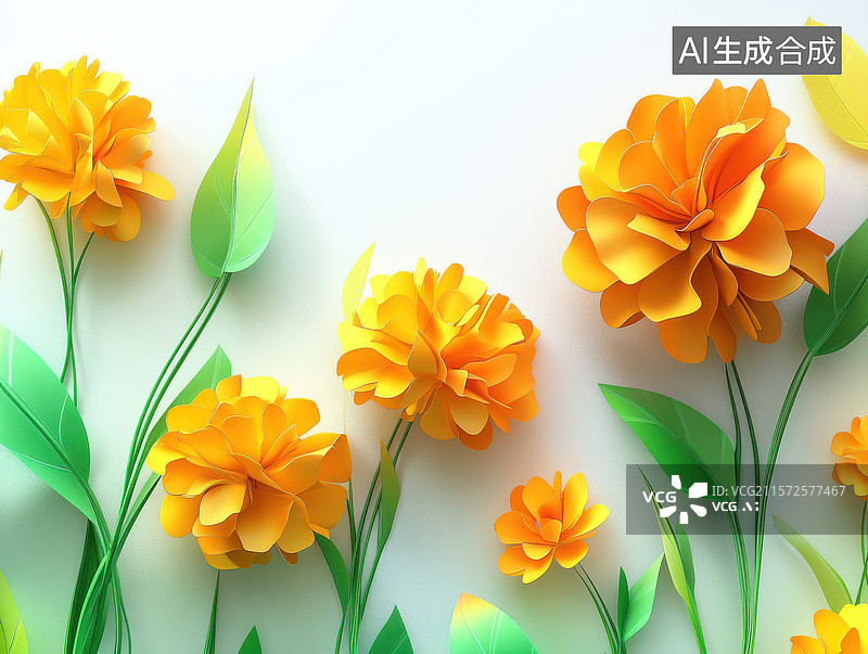 【AI数字艺术】橙色纸艺花朵与绿色叶子的装饰图案图片素材