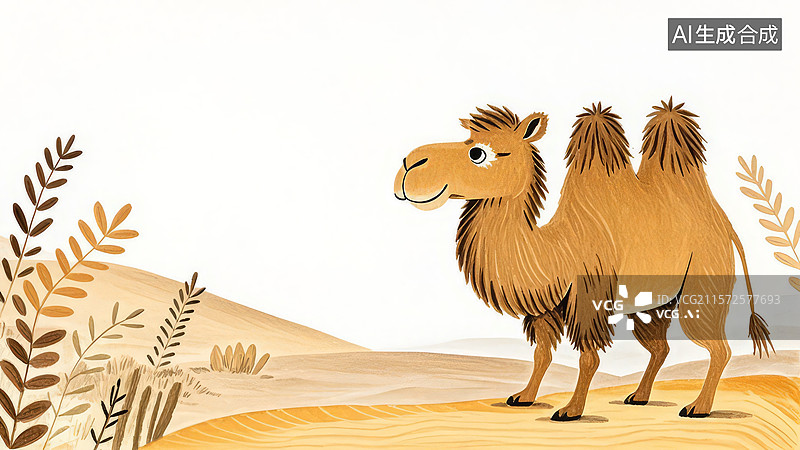【AI数字艺术】2D卡通居右-沙漠中的双峰骆驼图片素材