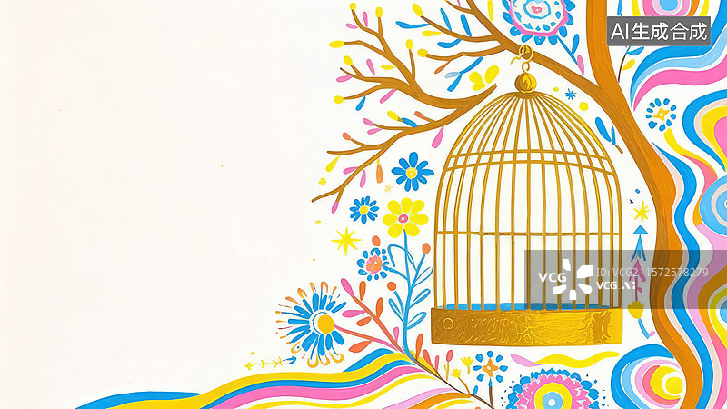 【AI数字艺术】2D卡通居右-金色鸟笼与彩色树枝的梦幻组合图片素材