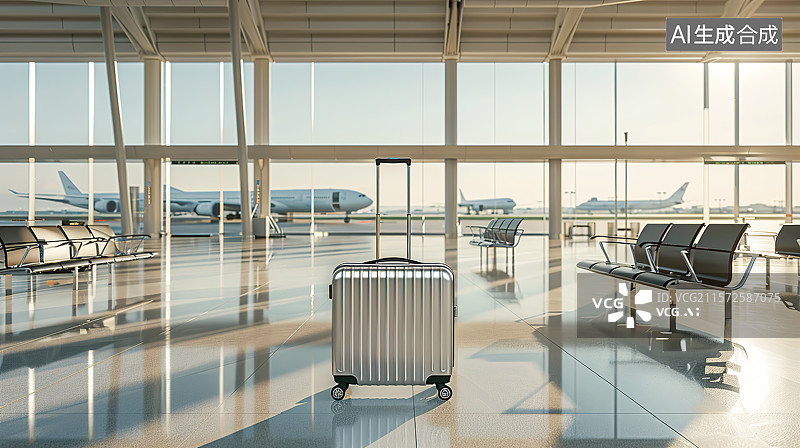 【AI数字艺术】机场航站楼候机室内的银色旅行箱——旅游和商务出差概念图片素材