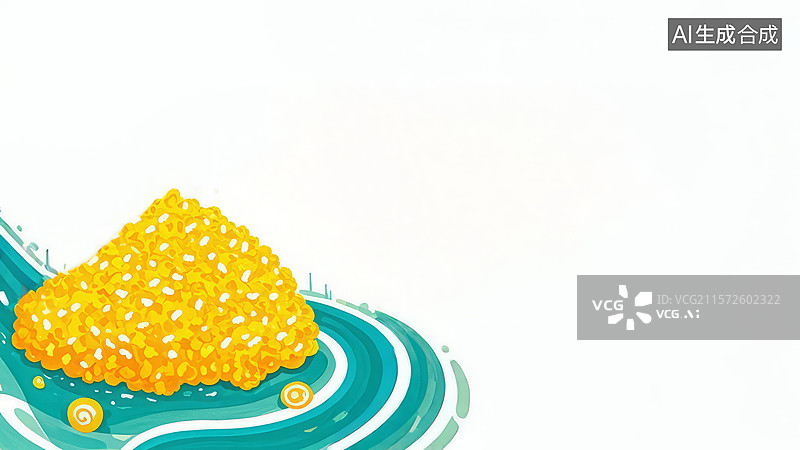 【AI数字艺术】2D卡通左下1.金色鱼子酱堆叠在蓝色波浪上图片素材