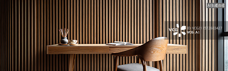 【AI数字艺术】时尚简约家庭办公室工作区，配有木质墙壁和简单书桌设置，自然窗光照明，干净现代美学和舒适氛围。图片素材