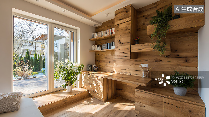 【AI数字艺术】时尚简约家庭办公室工作区，配有木质墙壁和简单书桌设置，自然窗光照明，干净现代美学和舒适氛围。图片素材