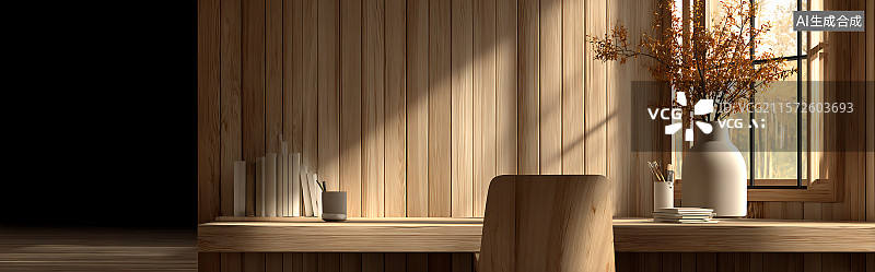 【AI数字艺术】时尚简约家庭办公室工作区，配有木质墙壁和简单书桌设置，自然窗光照明，干净现代美学和舒适氛围。图片素材