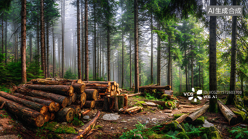【AI数字艺术】薄雾笼罩的森林空地上堆放着松木和云杉木，自然环境光线下的广角全景视角，林地氛围，林业和伐木概念。图片素材