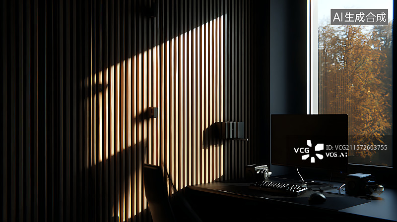 【AI数字艺术】时尚简约家庭办公室工作区，配有木质墙壁和简单书桌设置，自然窗光照明，干净现代美学和舒适氛围。图片素材
