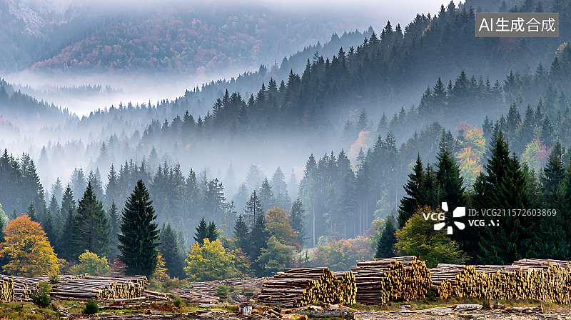 【AI数字艺术】薄雾笼罩的森林空地上堆放着松木和云杉木，自然环境光线下的广角全景视角，林地氛围，林业和伐木概念。图片素材