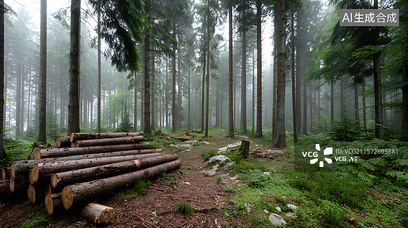 【AI数字艺术】薄雾笼罩的森林空地上堆放着松木和云杉木，自然环境光线下的广角全景视角，林地氛围，林业和伐木概念。图片素材