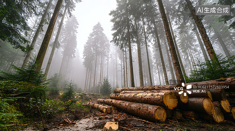 【AI数字艺术】薄雾笼罩的森林空地上堆放着松木和云杉木，自然环境光线下的广角全景视角，林地氛围，林业和伐木概念。图片素材