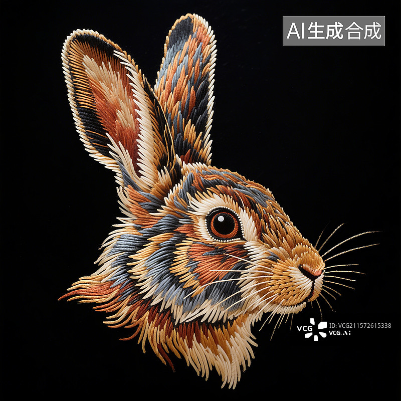 【AI数字艺术】一只色彩丰富的兔子头部特写，耳朵竖立，眼睛明亮，胡须清晰可见图片素材