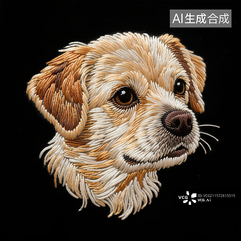 【AI数字艺术】一只棕色和白色相间的小狗刺绣图案，黑色背景突出其细节图片素材