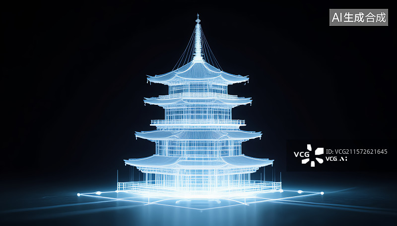 【AI数字艺术】全息投影古建筑榫卯结构图片素材