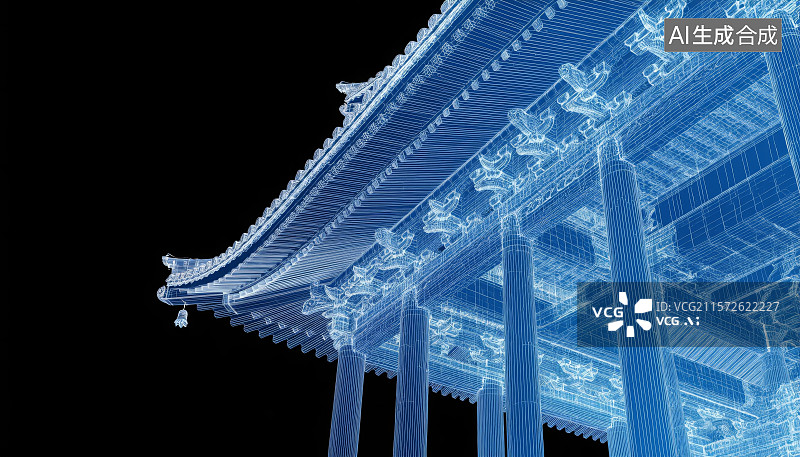 【AI数字艺术】全息投影古建筑榫卯结构图片素材