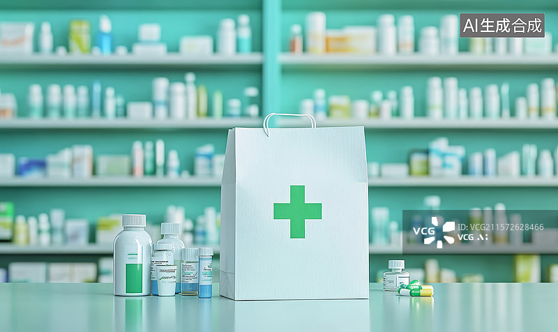 【AI数字艺术】药房里的药品和购物袋图片素材