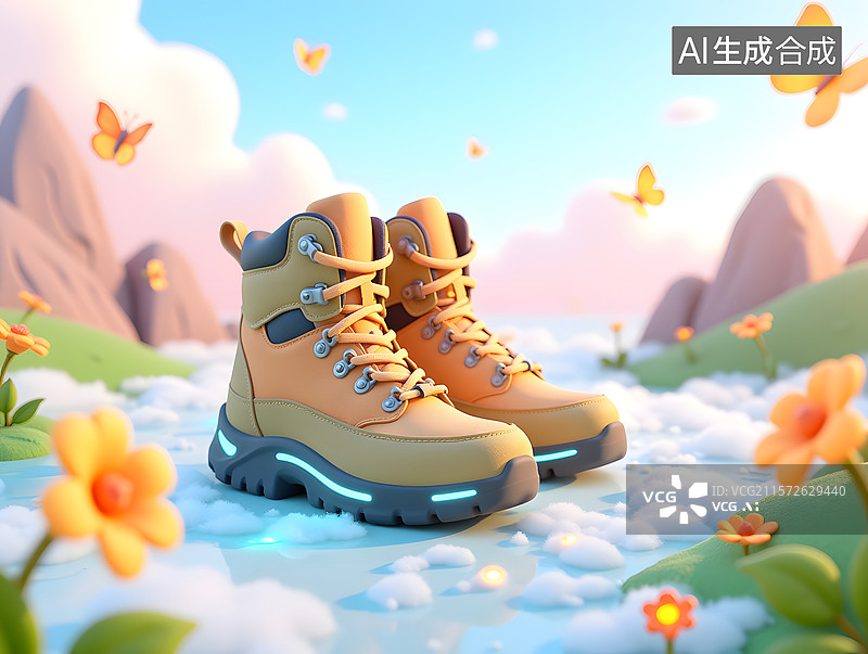 【AI数字艺术】夏天运动的户外登山鞋创意插图图片素材