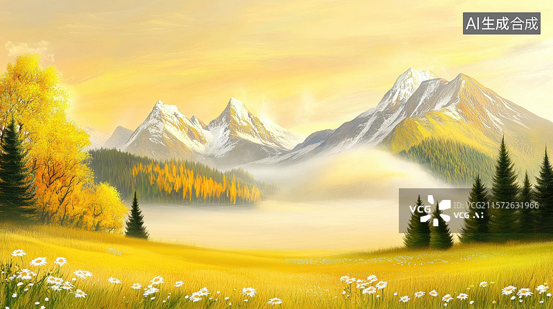 【AI数字艺术】晨曦薄雾山林图片素材