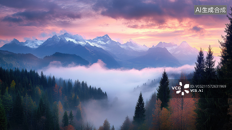【AI数字艺术】晨曦薄雾山林图片素材