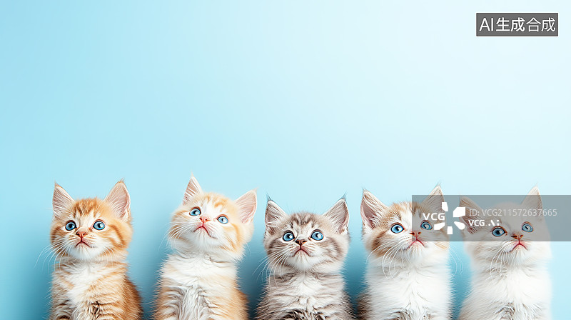 【AI数字艺术】蓝色背景下抬头张望充满好奇的可爱小猫图片素材