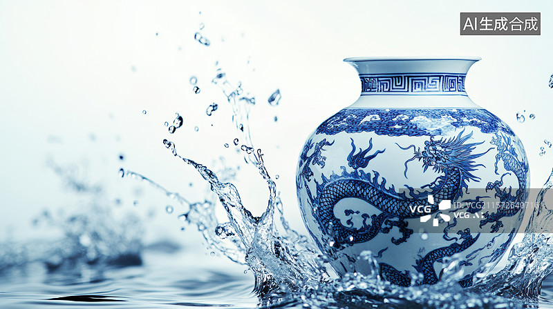 【AI数字艺术】青花瓷与水花图片素材