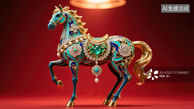 【AI数字艺术】十二生肖马年珐琅彩珠宝装饰摆件图片素材