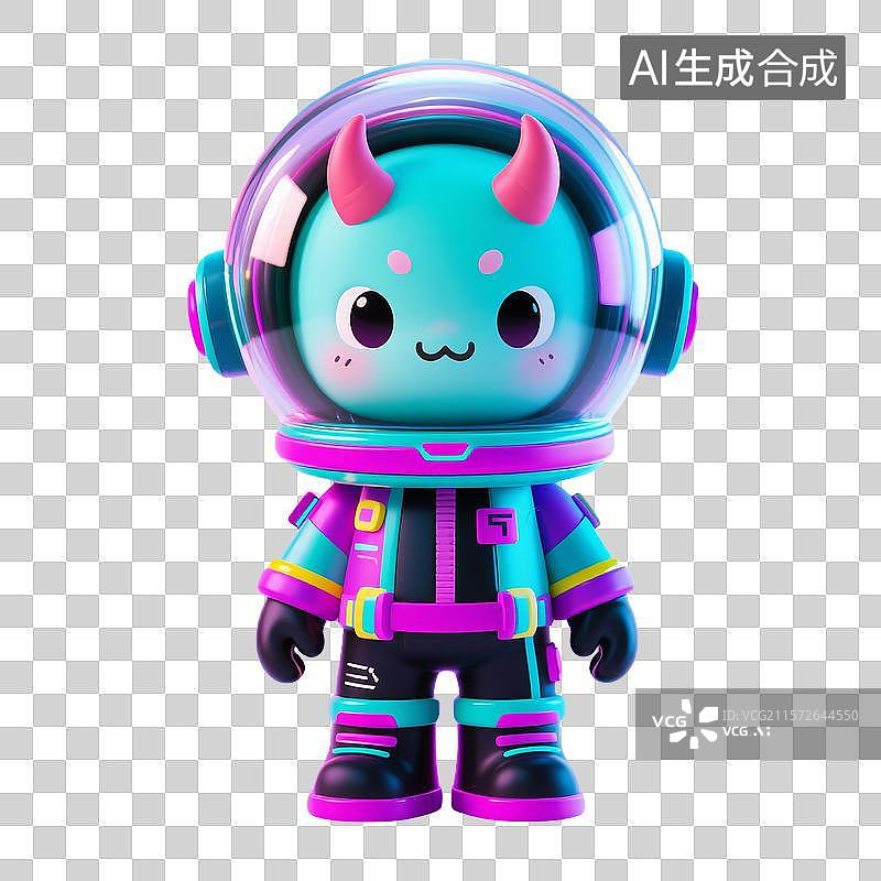 【AI数字艺术】赛博朋克风戴宇航员玻璃罩的可爱恶魔盲盒插画图片素材