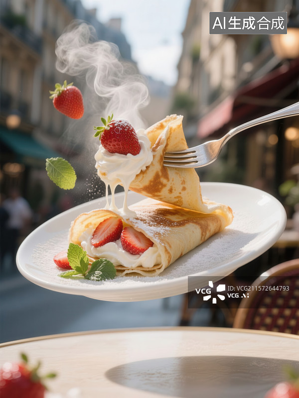 【AI数字艺术】法式可丽饼配草莓和鲜奶油热气腾腾的草莓奶油煎饼图片素材