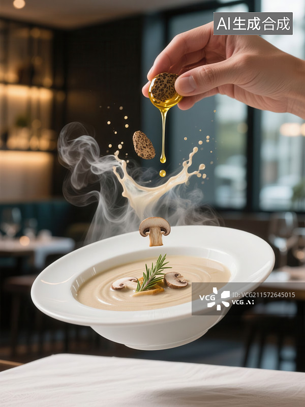 【AI数字艺术】奶油蘑菇汤配松露油热汤盛盘，滴落酱汁瞬间图片素材