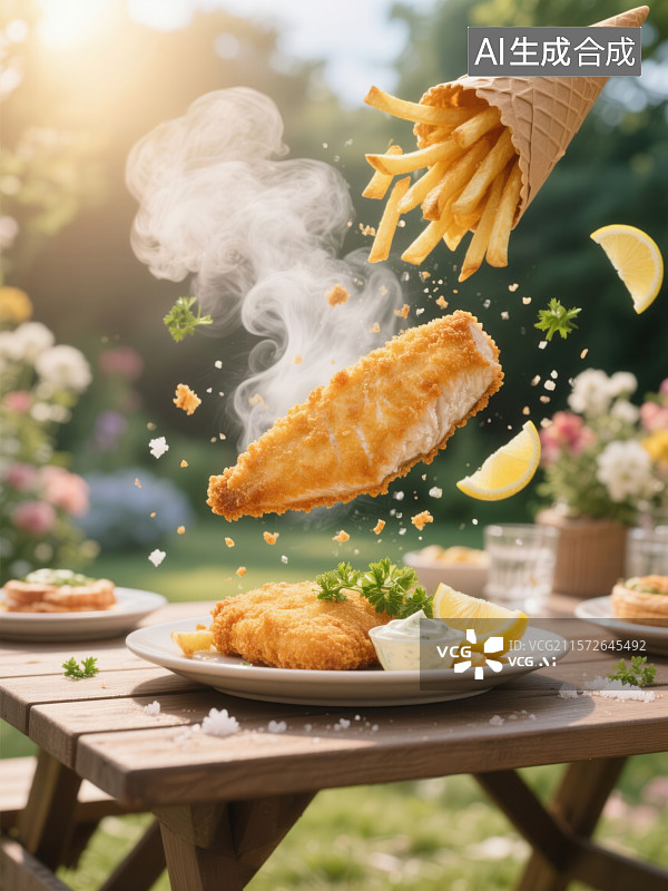 【AI数字艺术】英式炸鱼薯条炸鱼薯条创意摆盘，户外花园美食享受图片素材