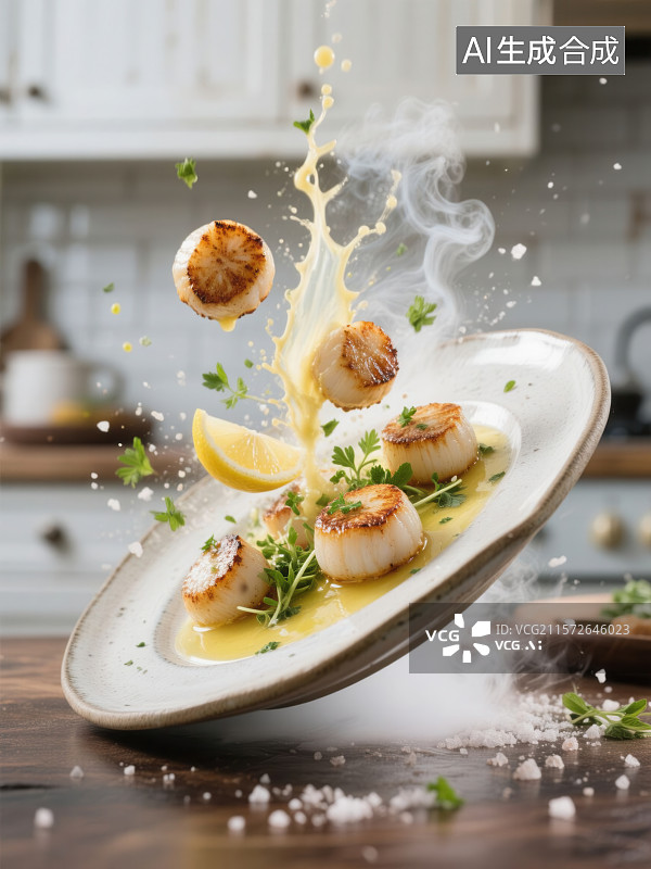【AI数字艺术】香煎扇贝佐柠檬黄油酱飞溅的柠檬汁与煎制扇贝图片素材
