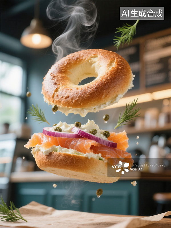 【AI数字艺术】烟熏三文鱼贝果三明治热腾腾的烟熏三文鱼贝果图片素材