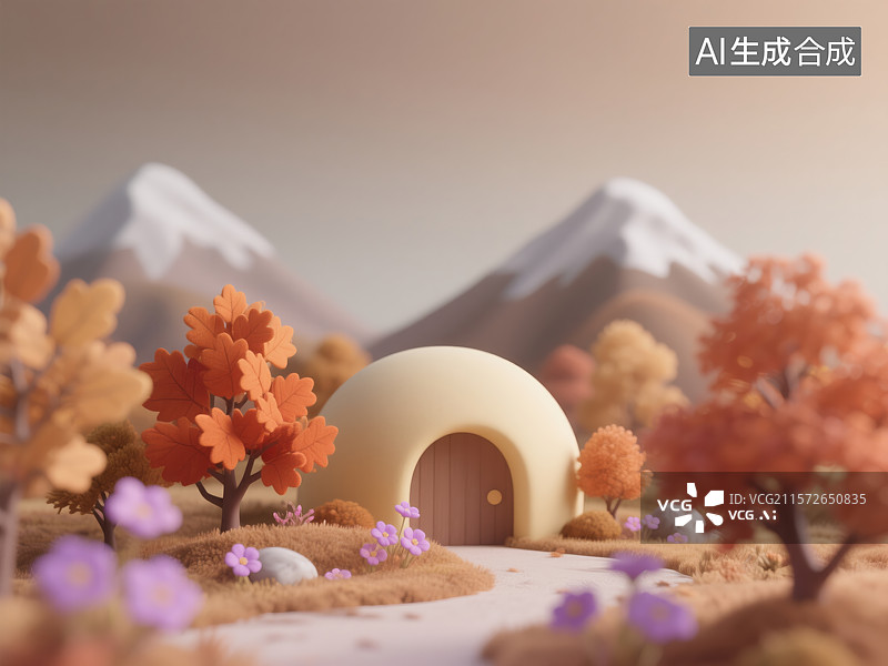 【AI数字艺术】秋意童话圆顶屋 治愈系 3D 插画场景图片素材