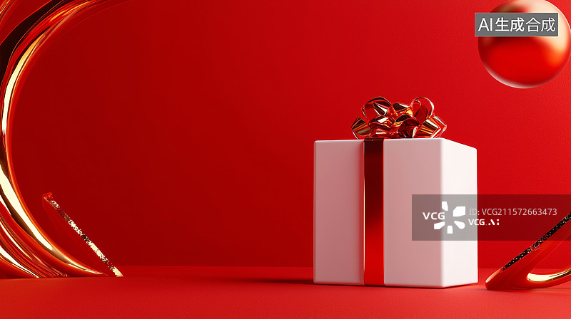【AI数字艺术】3D礼物礼盒春节新年年会喜庆大气红色金色白色缎带蝴蝶结节庆商务时尚温暖欢乐背景图片素材