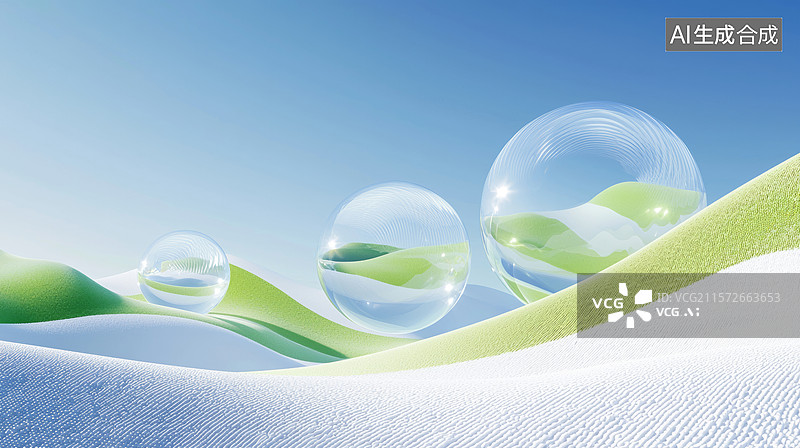 【AI数字艺术】3D春夏风景气泡绿色清新山丘抽象人造空间曲线新农业新能源概念蓝色白色极简未来感科技时尚清新背景图片素材