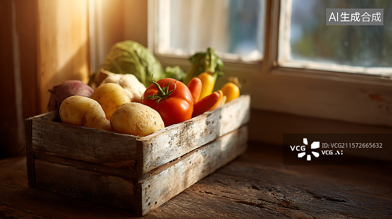 【AI数字艺术】新鲜有机蔬菜 assortment 摆放在 rustic 木箱中，自然阳光从窗户照射进来，温暖健康的图片素材
