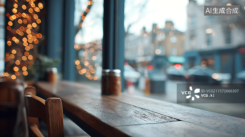 【AI数字艺术】极简主义木桌，背景是温暖的抽象散景灯光，舒适的餐厅氛围，柔和的浅景深，优雅而简单的装饰。图片素材