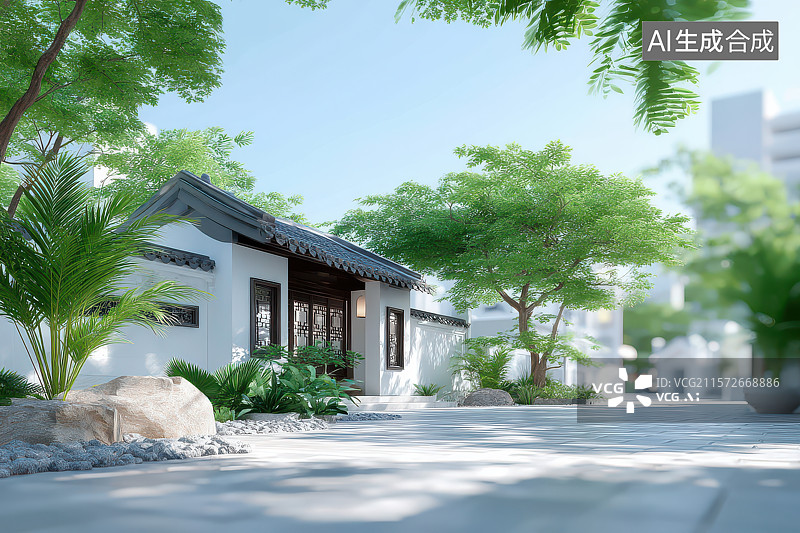 【AI数字艺术】中式庭院清新景观场景图片素材