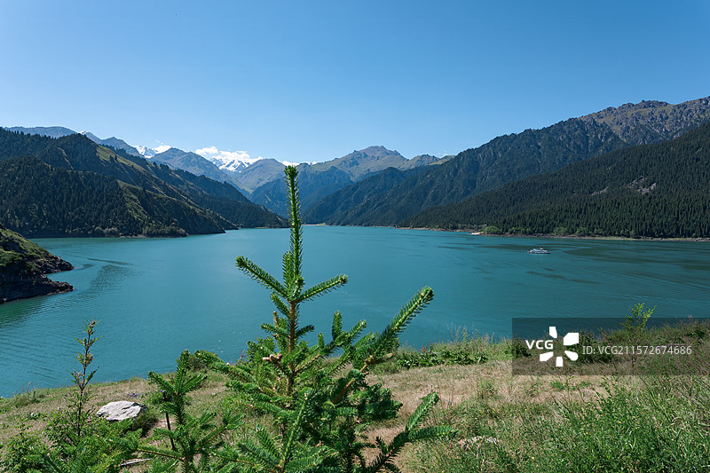 世界自然遗产——夏季的新疆天山天池与博格达雪山自然景观图片素材