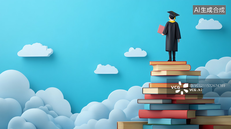 【AI数字艺术】穿着学士服的毕业生站在一摞书籍上图片素材