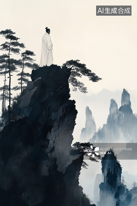 【AI数字艺术】水墨画，古装男子登高望远图片素材