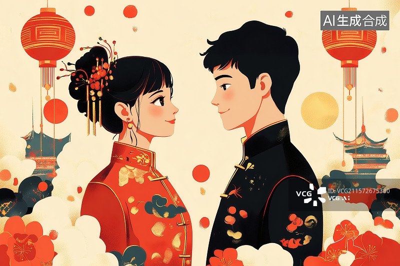 【AI数字艺术】中式婚礼，穿着中山装的一对新人图片素材