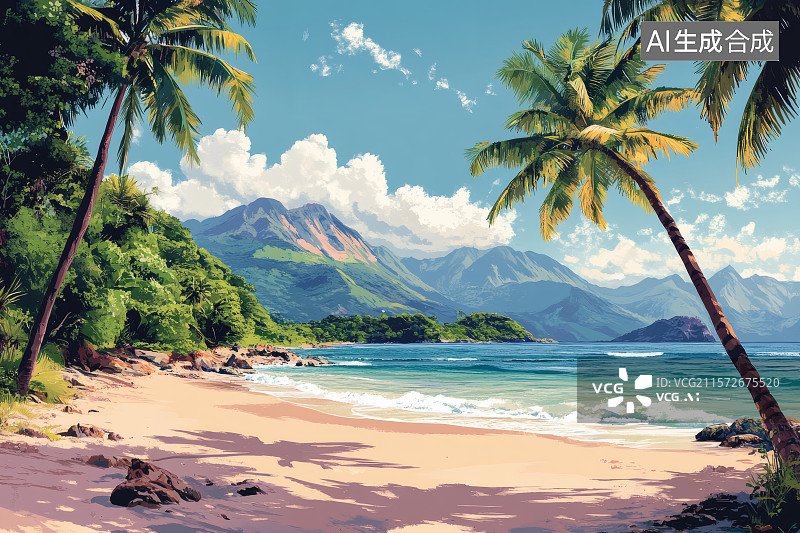 【AI数字艺术】浪花拍打在沙滩上，海岛上的棕榈树，旅游背景图图片素材