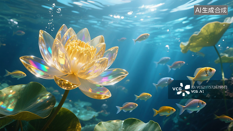 【AI数字艺术】夏日琉璃莲花七彩光斑鱼群游动荷叶梦幻场景图片素材