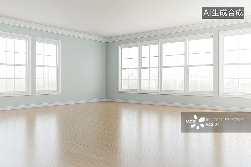 【AI数字艺术】明亮空旷的房间，大窗户和木地板图片素材