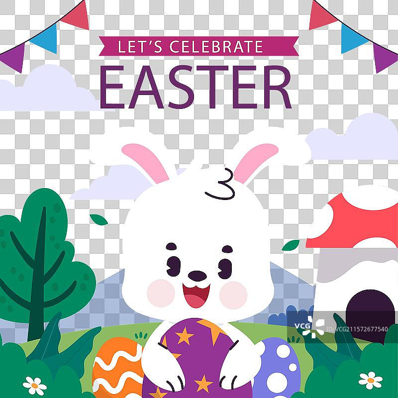一只兔子手里拿着复活节彩蛋，上面写着“让我们庆祝”图片素材