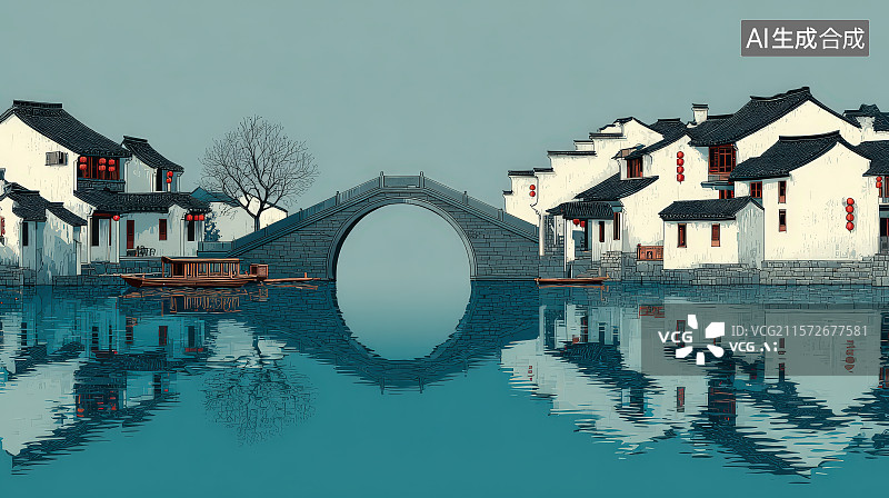 【AI数字艺术】江南水乡古代历史建筑风格房子和拱桥图片素材